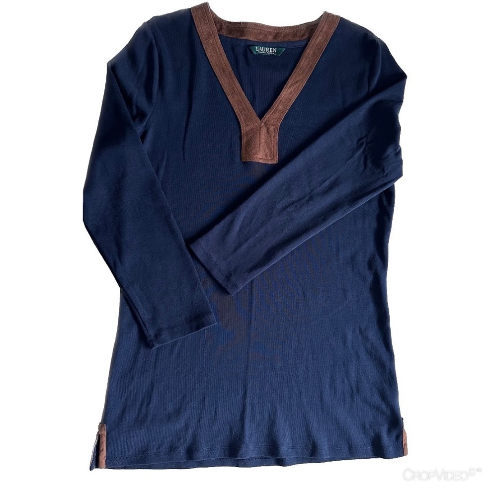 Lauren Ralph Lauren Faux Suede Trim V Neck Tunic Top Navy Size Medium